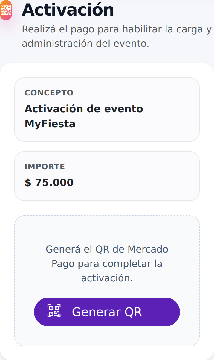 Pantalla real de activación con Mercado Pago