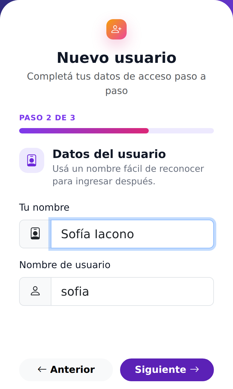 Pantalla real de datos del nuevo usuario